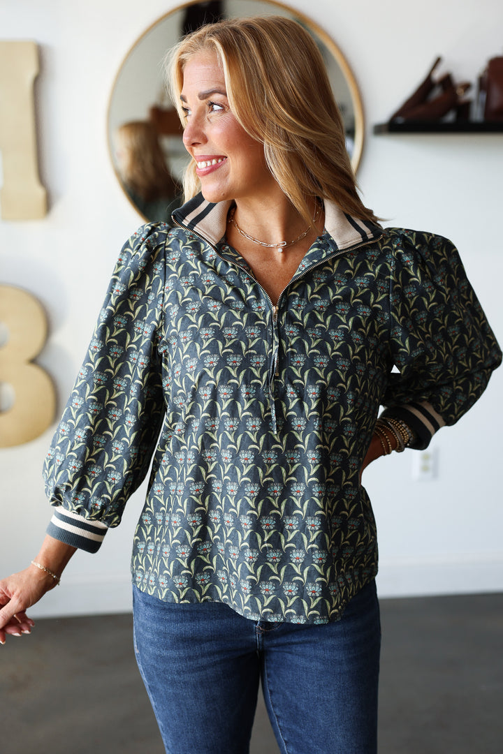 Printed Quarter Zip Contrast Top