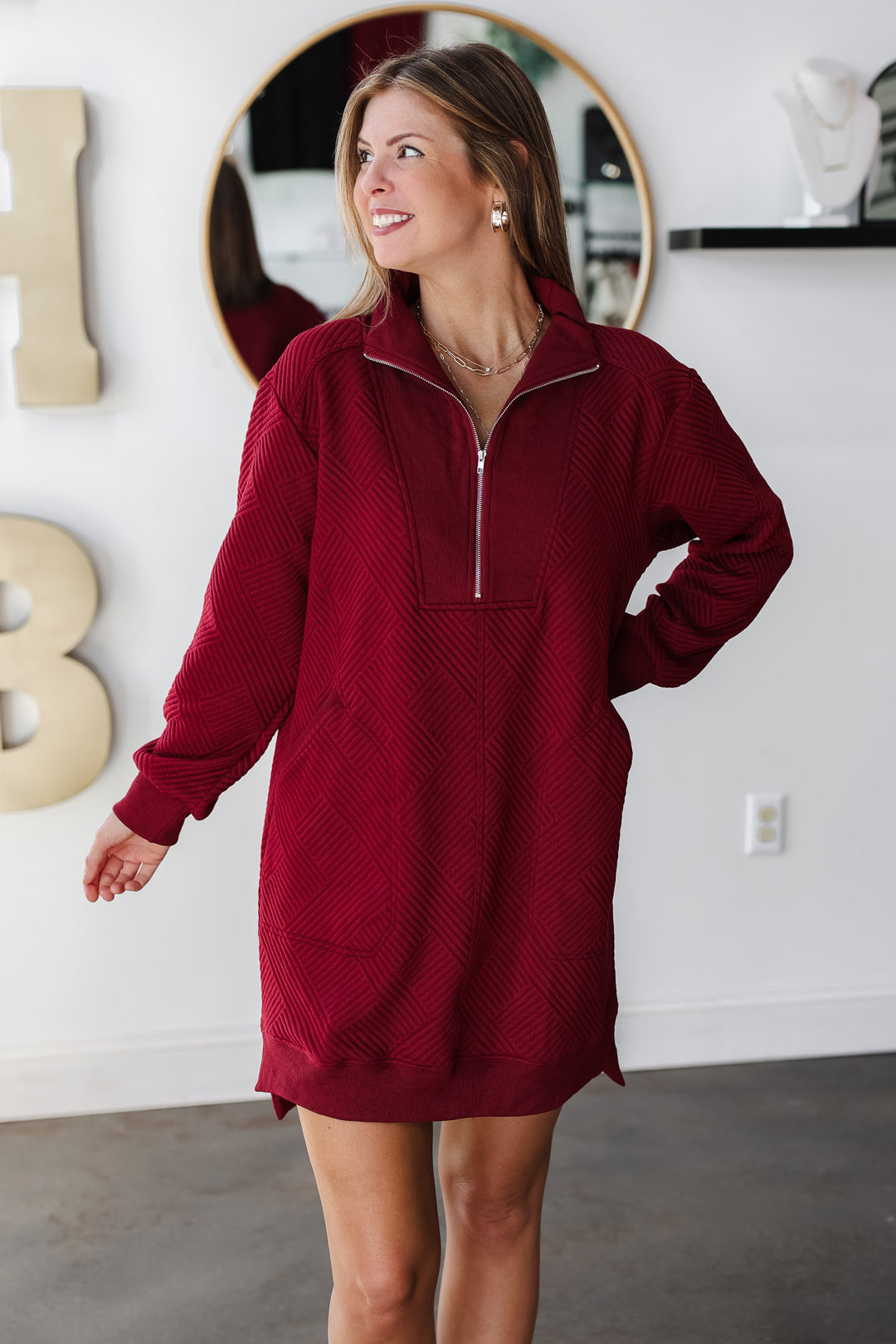 Textured Quarter Zip Dress - Crimson