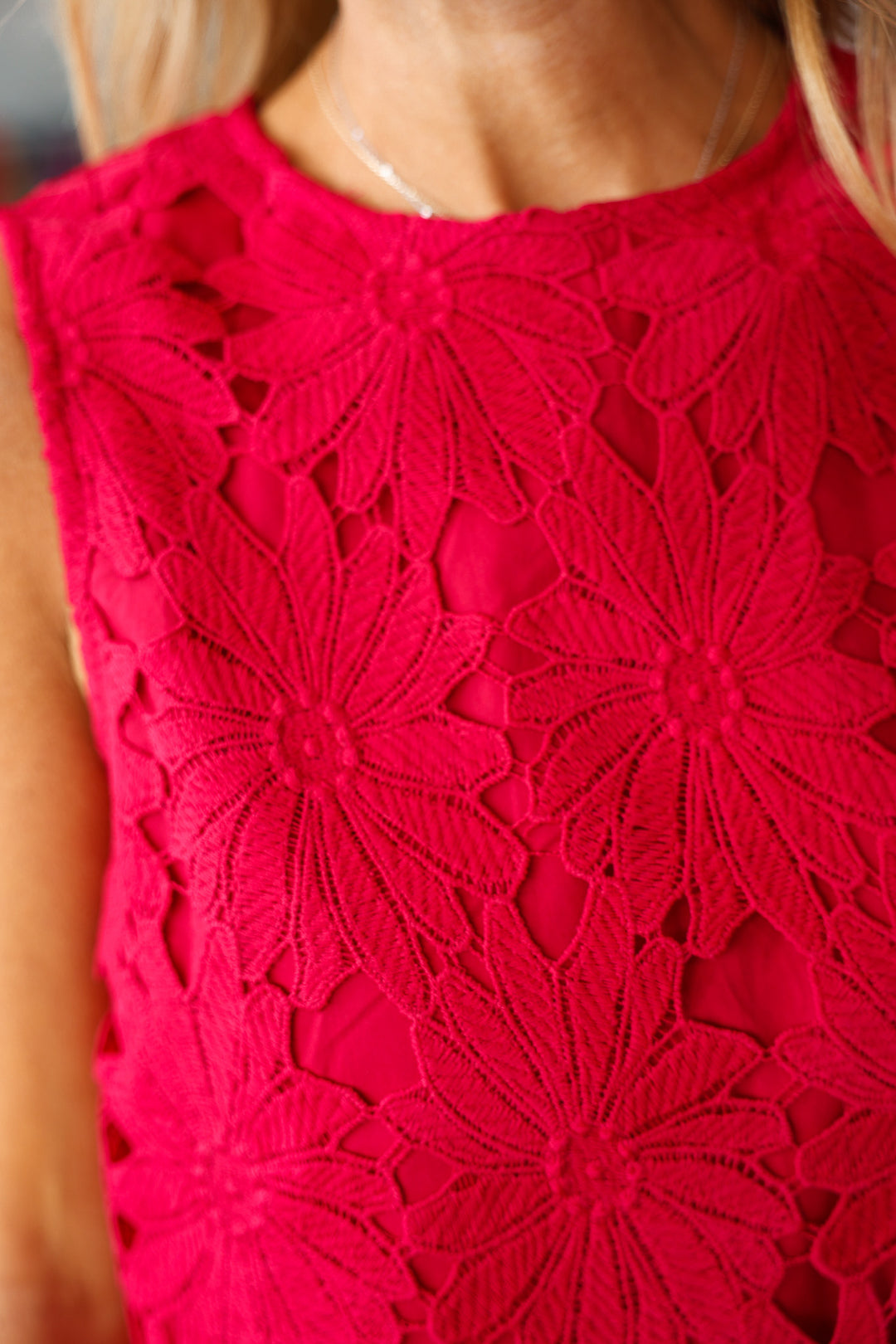 Embroidered Overlay Top - Crimson