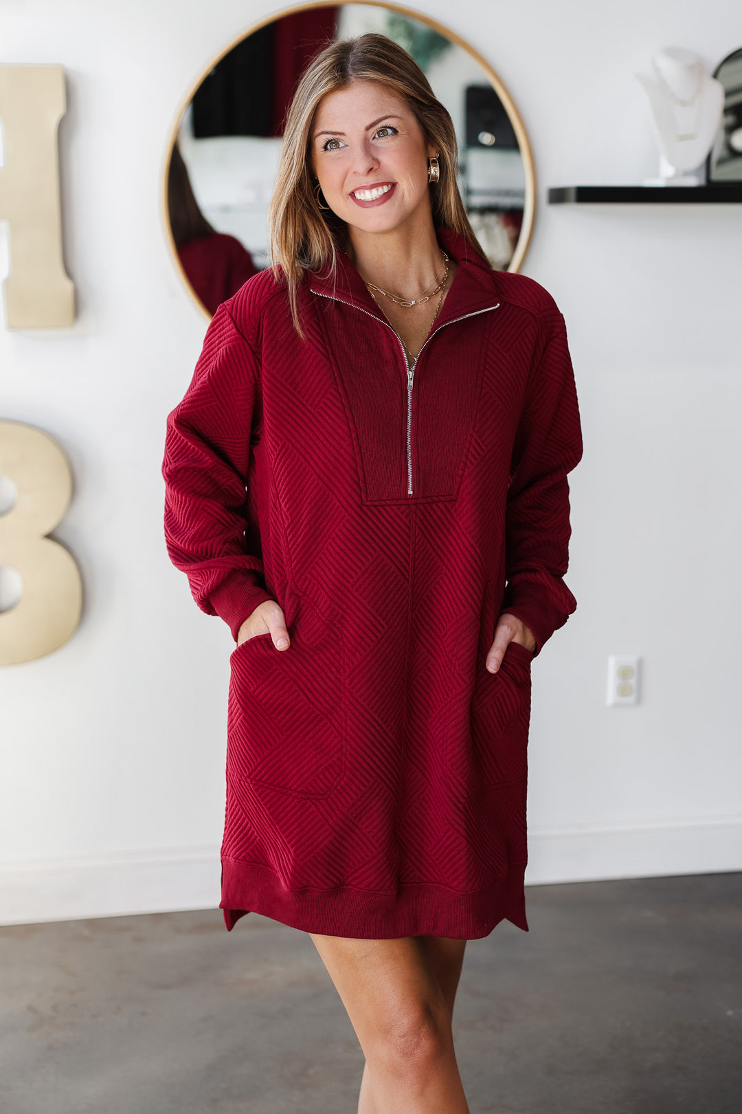 Textured Quarter Zip Dress - Crimson