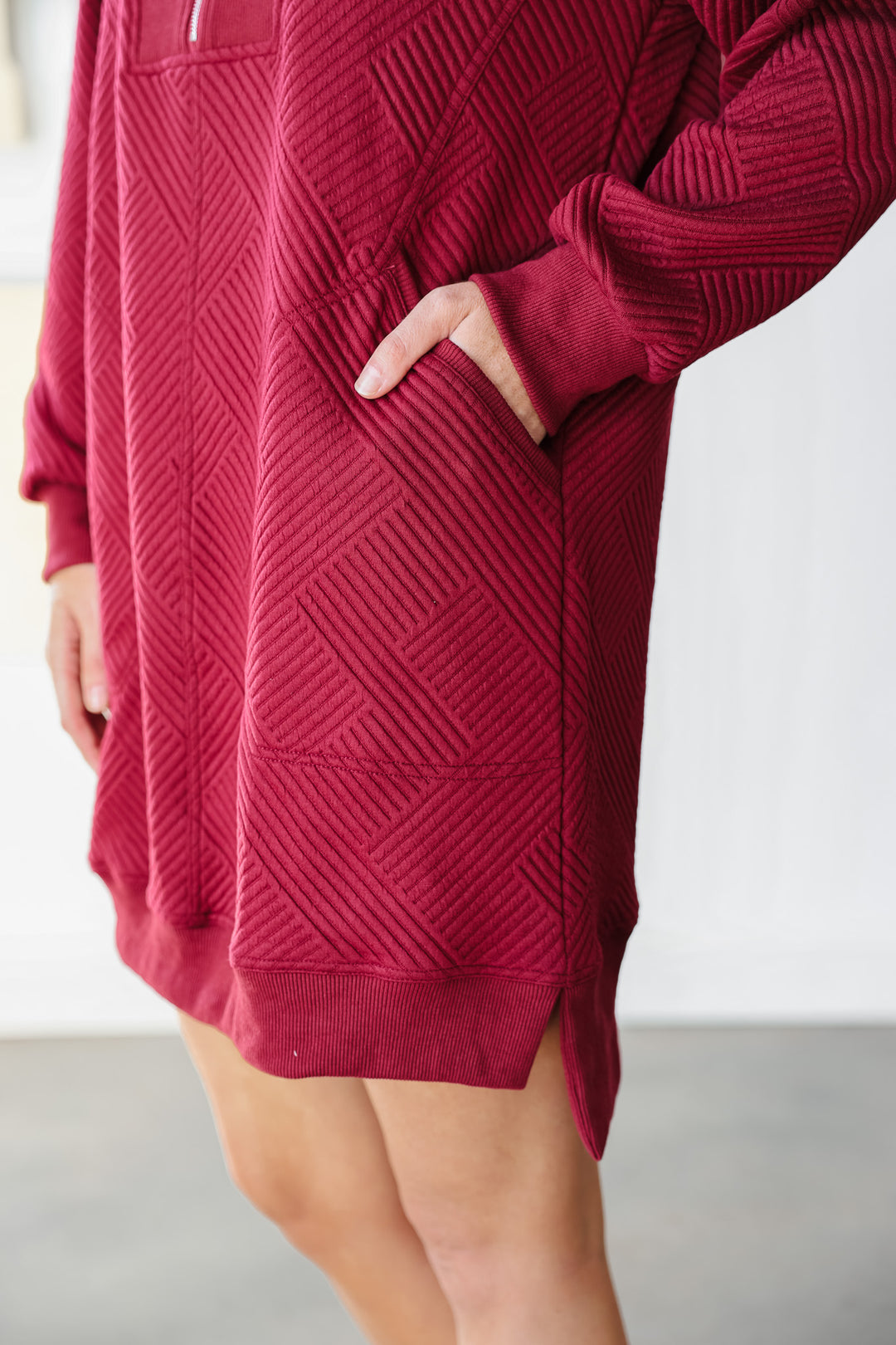 Textured Quarter Zip Dress - Crimson