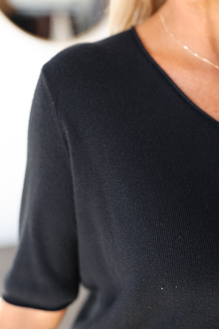 V Neck Short Sleeve Sweater - Black