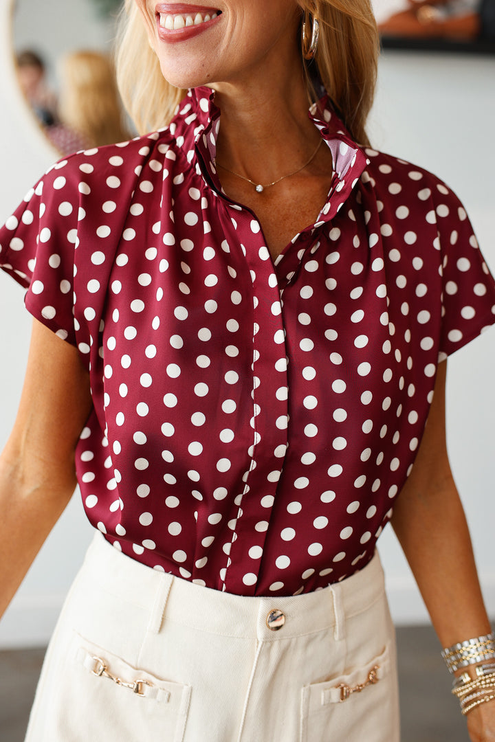 Polka Dot Satin Top - Wine