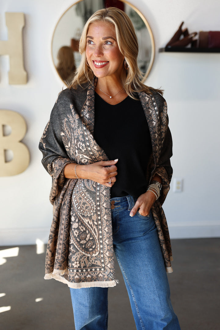 Paisley Print Fringed Shawl / Wrap Scarf - Black