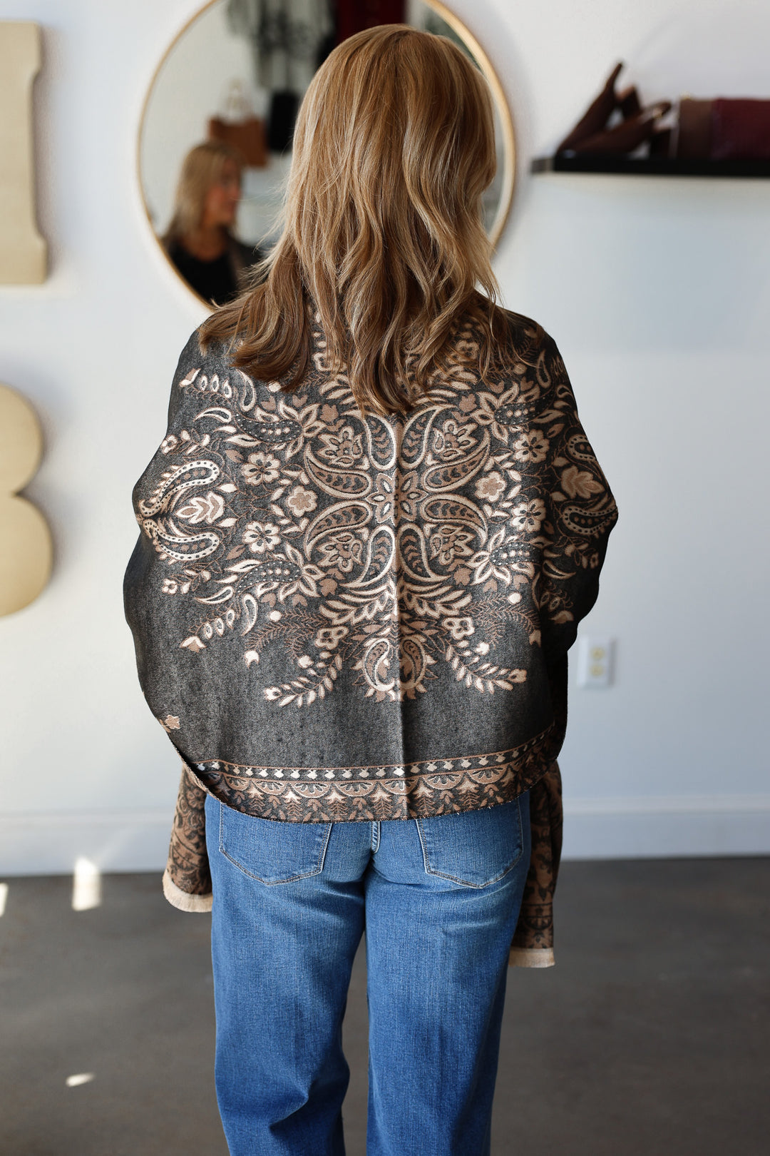 Paisley Print Fringed Shawl / Wrap Scarf - Black