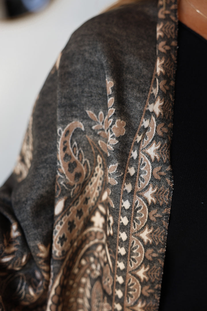 Paisley Print Fringed Shawl / Wrap Scarf - Black