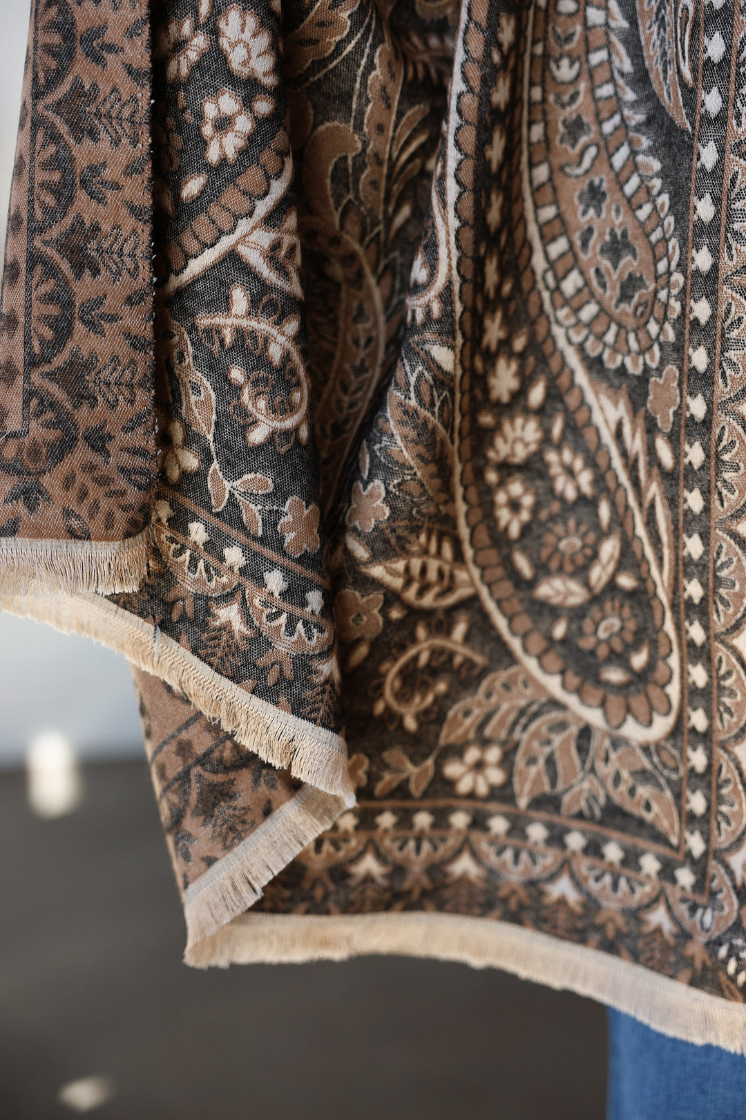 Paisley Print Fringed Shawl / Wrap Scarf - Black