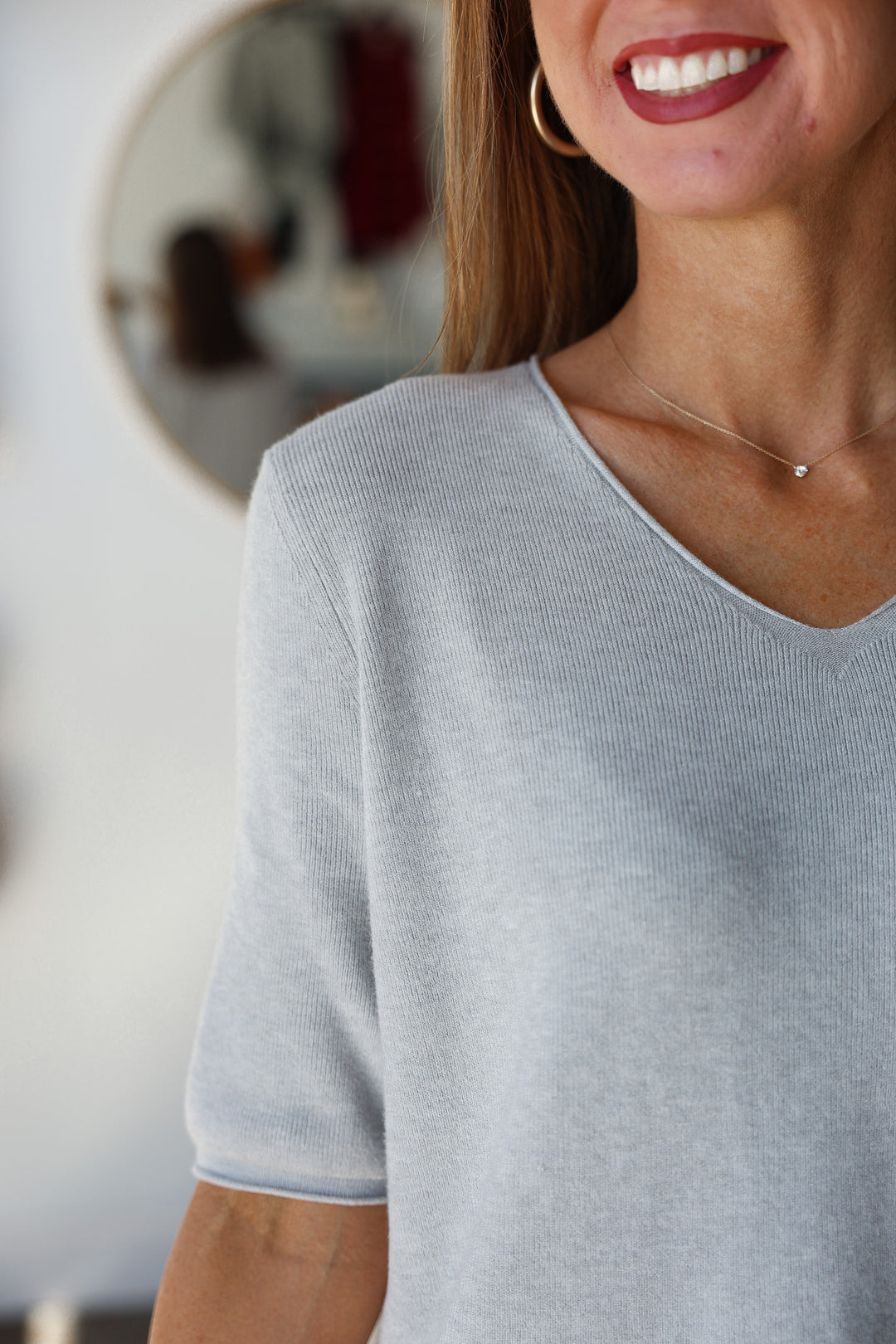 V Neck Short Sleeve Sweater - Heather Gray