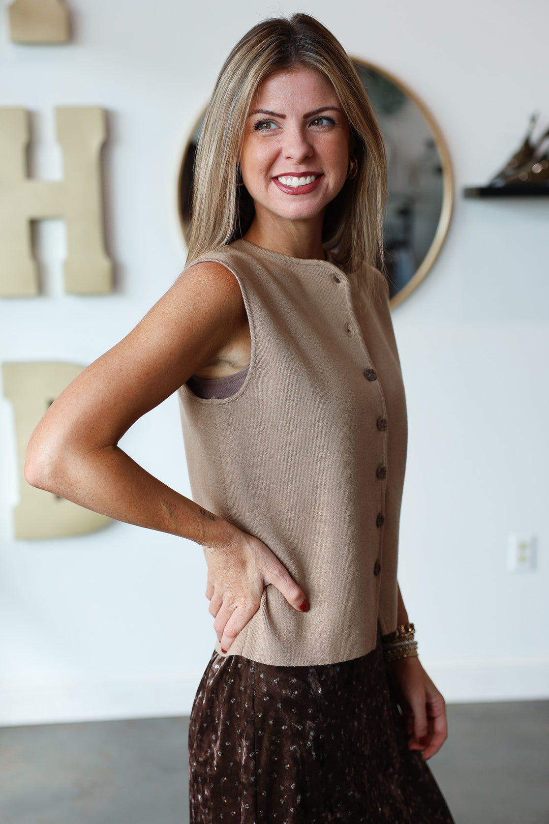 Button Front Knit Top - Mocha