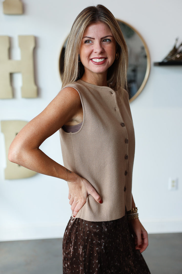 Button Front Knit Top - Mocha