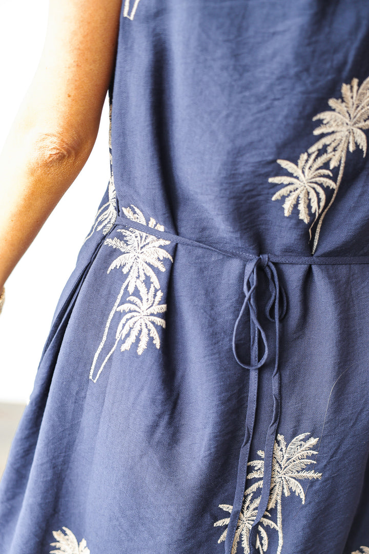 Palm Tree Embroidered Dress - Navy