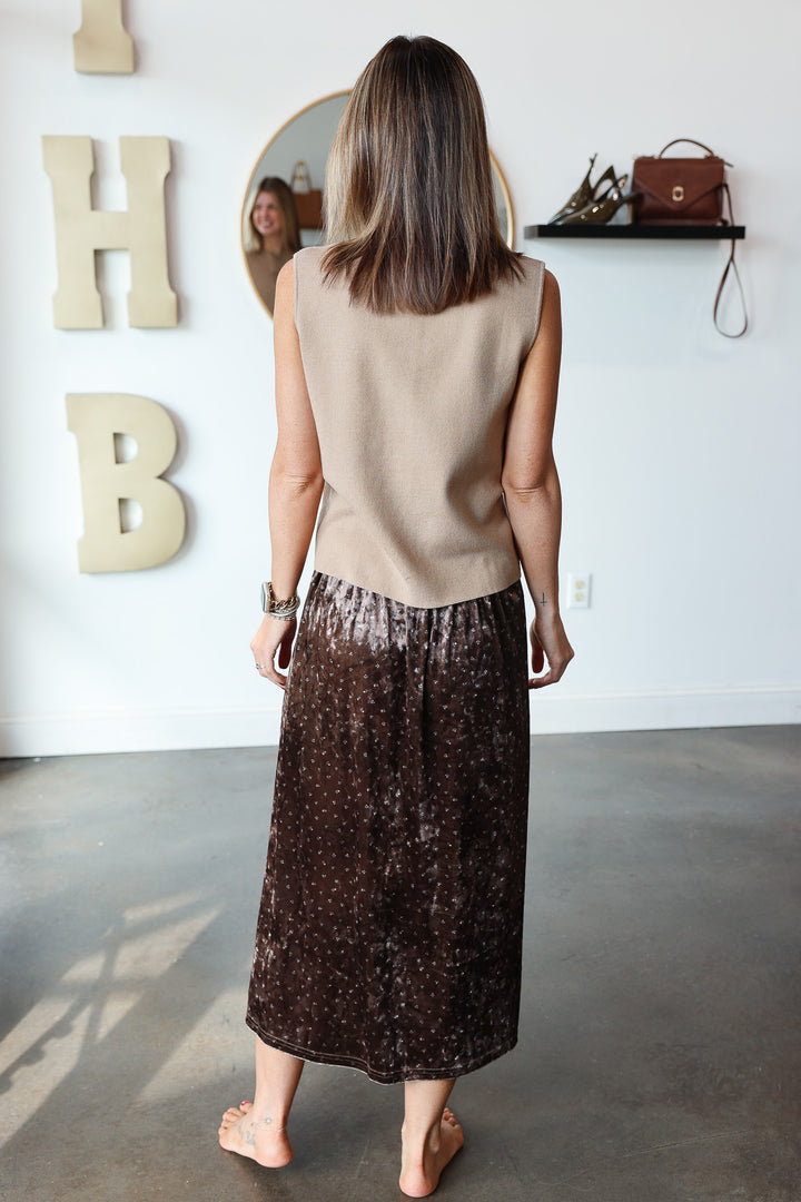 Velvet Ditsy Floral Midi Skirt - Brown