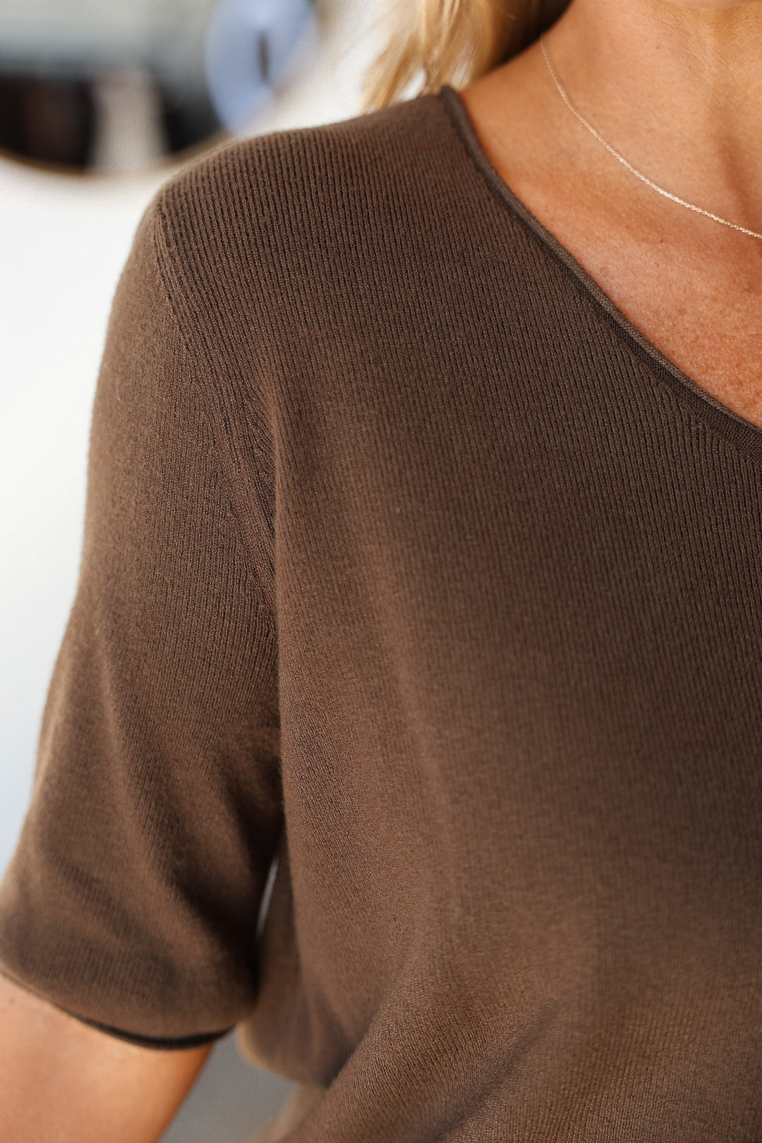 V Neck Short Sleeve Sweater - Brown