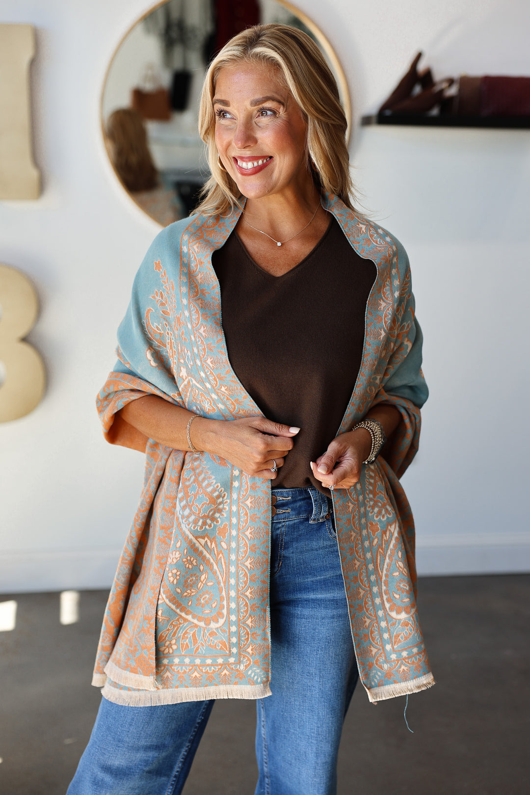 Paisley Print Fringed Shawl / Wrap Scarf - Blue