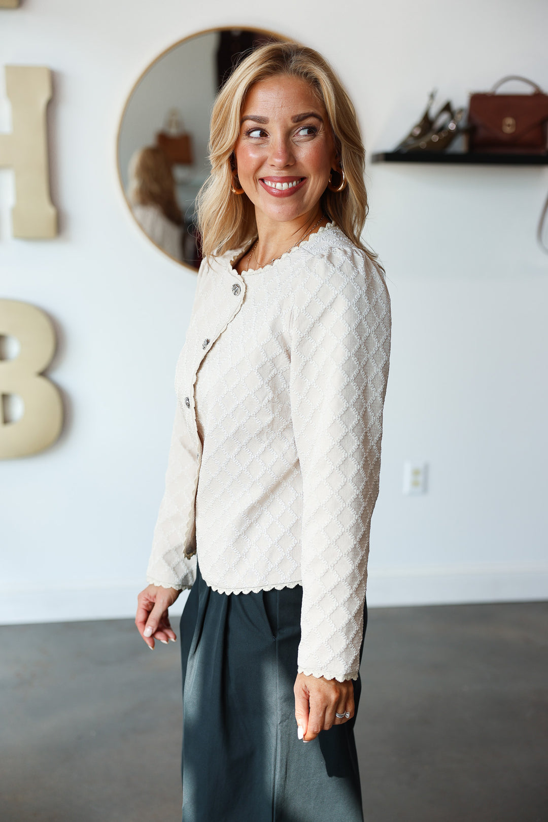 Textured Button Front Jacket - Cream/Ivory