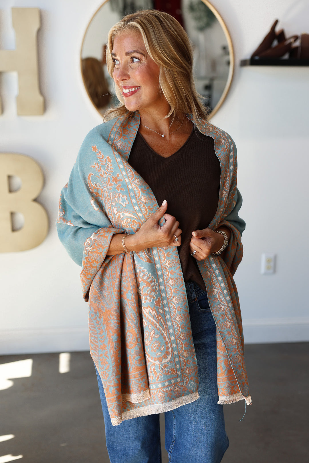 Paisley Print Fringed Shawl / Wrap Scarf - Blue