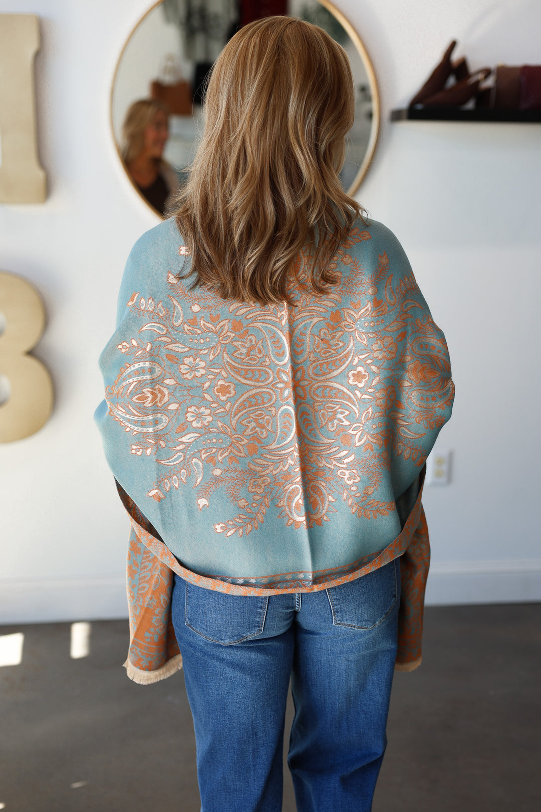 Paisley Print Fringed Shawl / Wrap Scarf - Blue