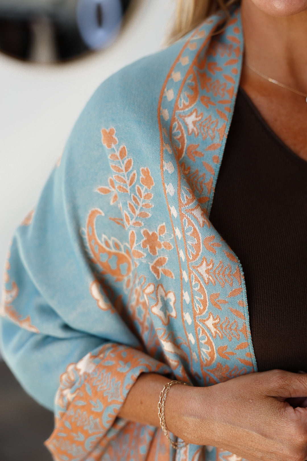 Paisley Print Fringed Shawl / Wrap Scarf - Blue