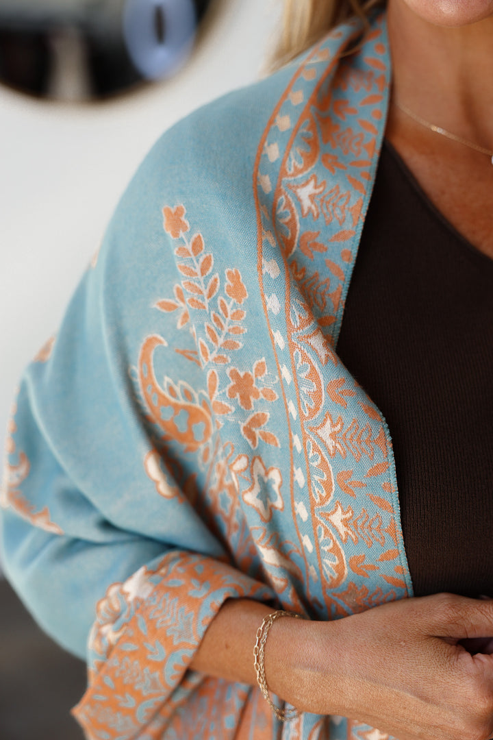 Paisley Print Fringed Shawl / Wrap Scarf - Blue