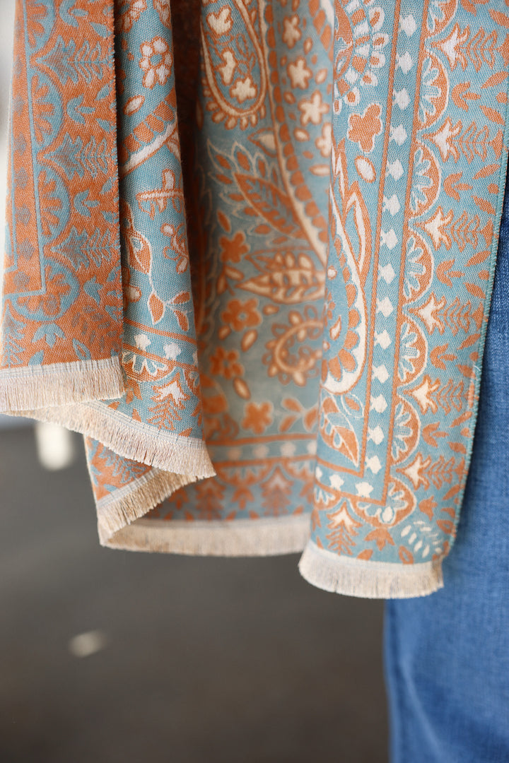 Paisley Print Fringed Shawl / Wrap Scarf - Blue