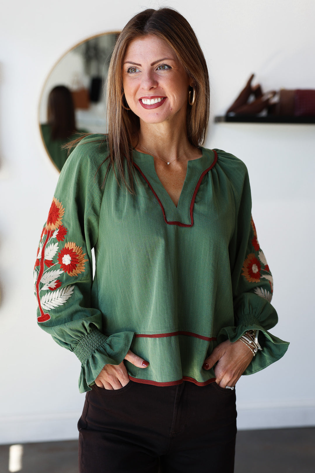 Embroidered Sleeve Top - Olive