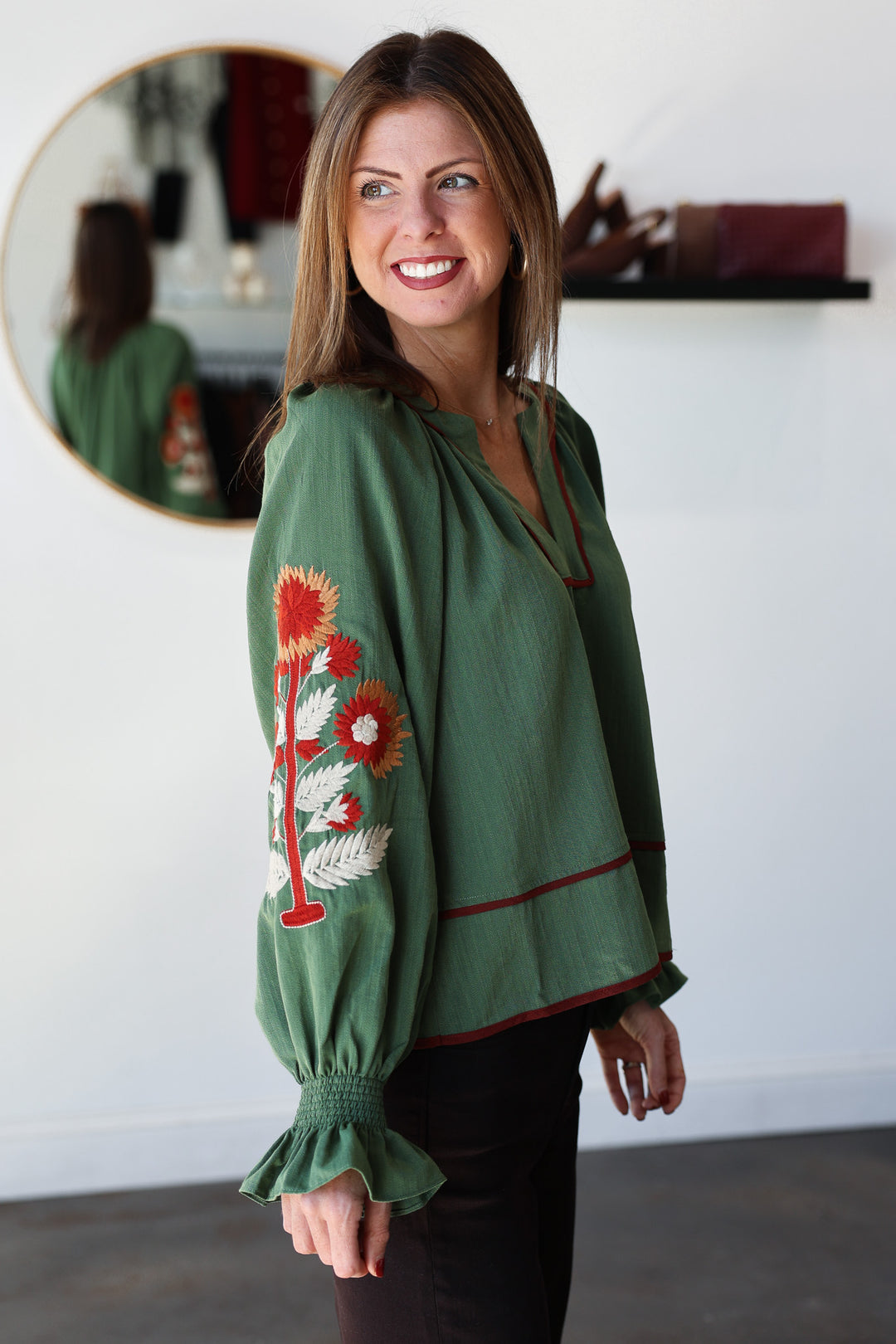 Embroidered Sleeve Top - Olive
