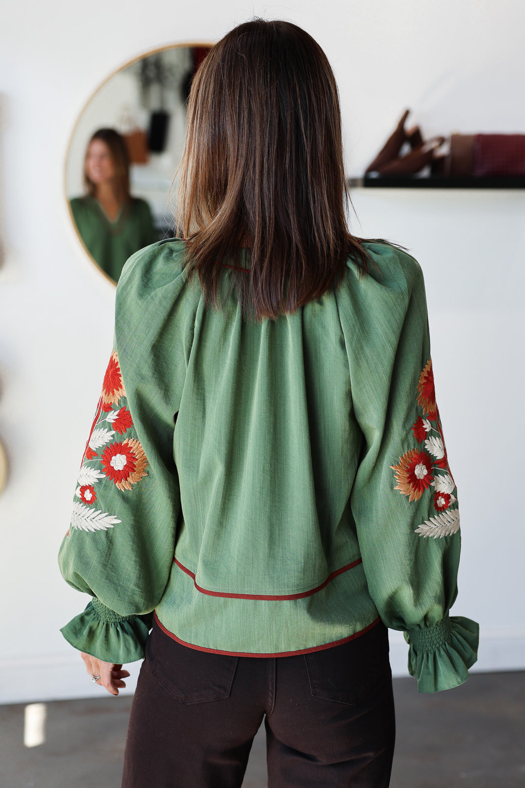 Embroidered Sleeve Top - Olive