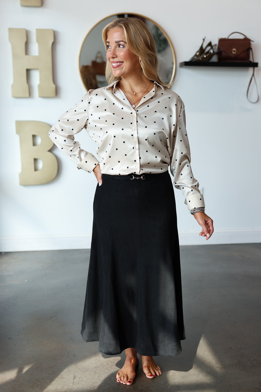 Belted Suede Midi Skirt - Black