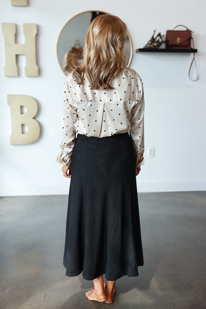 Belted Suede Midi Skirt - Black