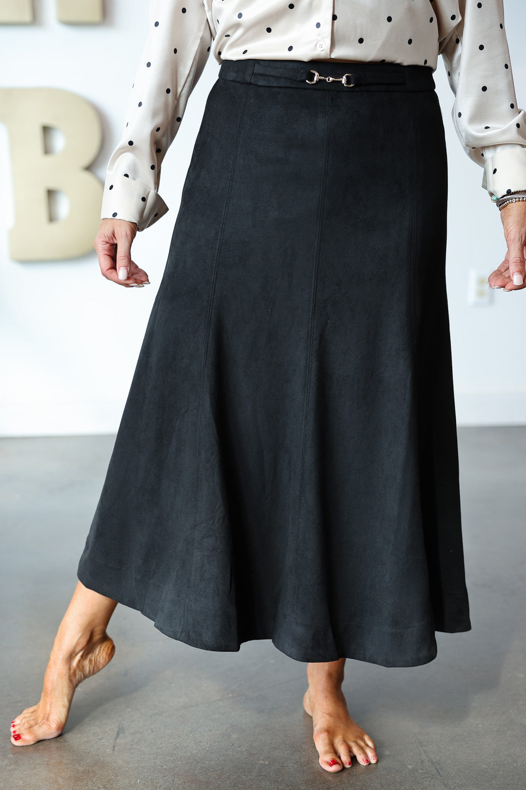 Belted Suede Midi Skirt - Black