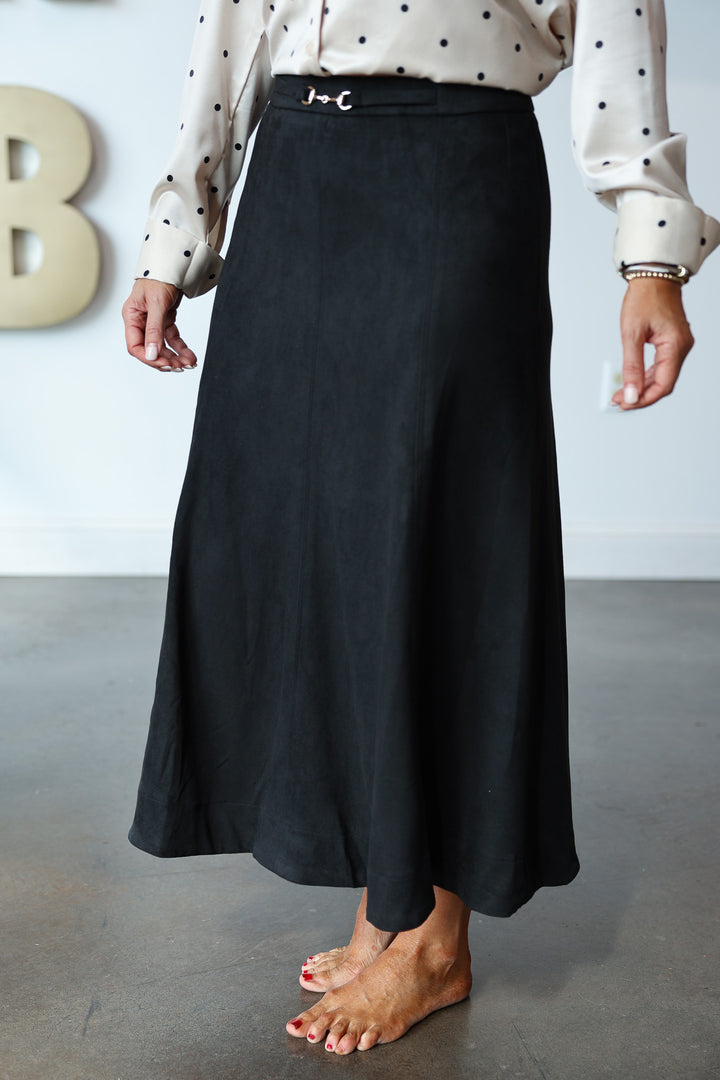 Belted Suede Midi Skirt - Black