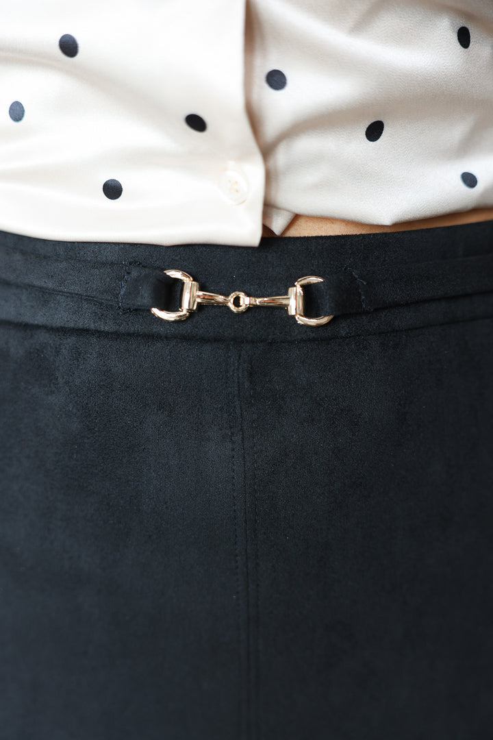 Belted Suede Midi Skirt - Black