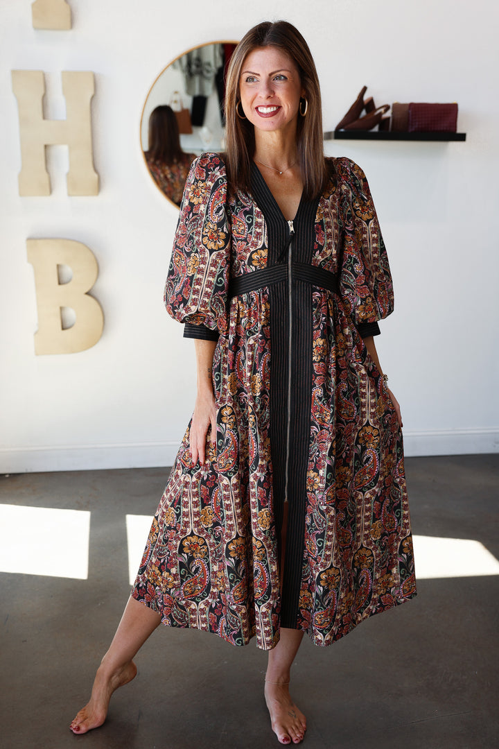 Front Zip Floral Contrast Dress