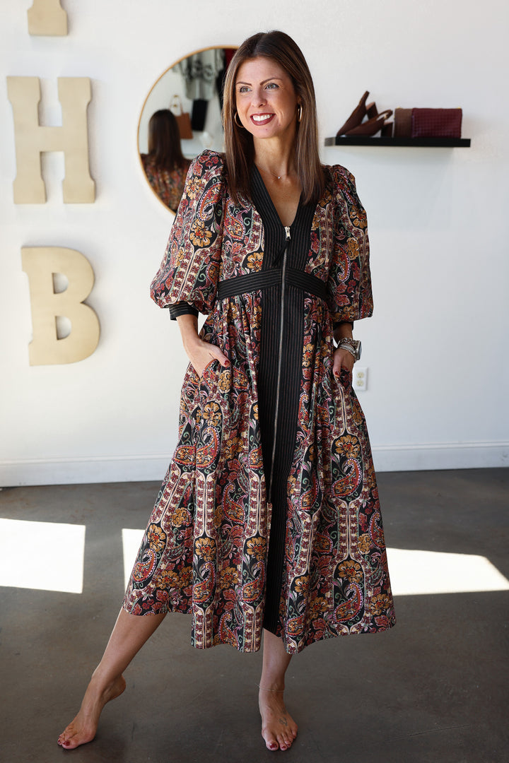 Front Zip Floral Contrast Dress