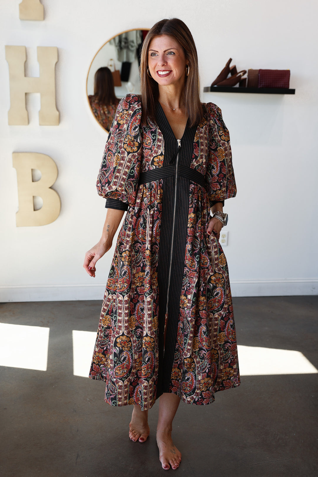 Front Zip Floral Contrast Dress