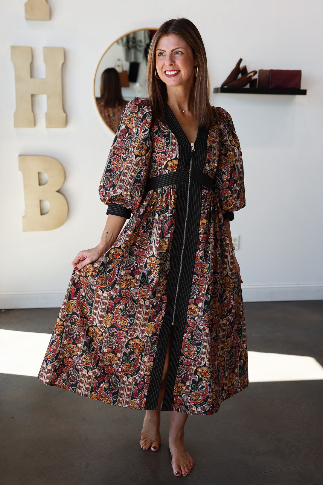 Front Zip Floral Contrast Dress