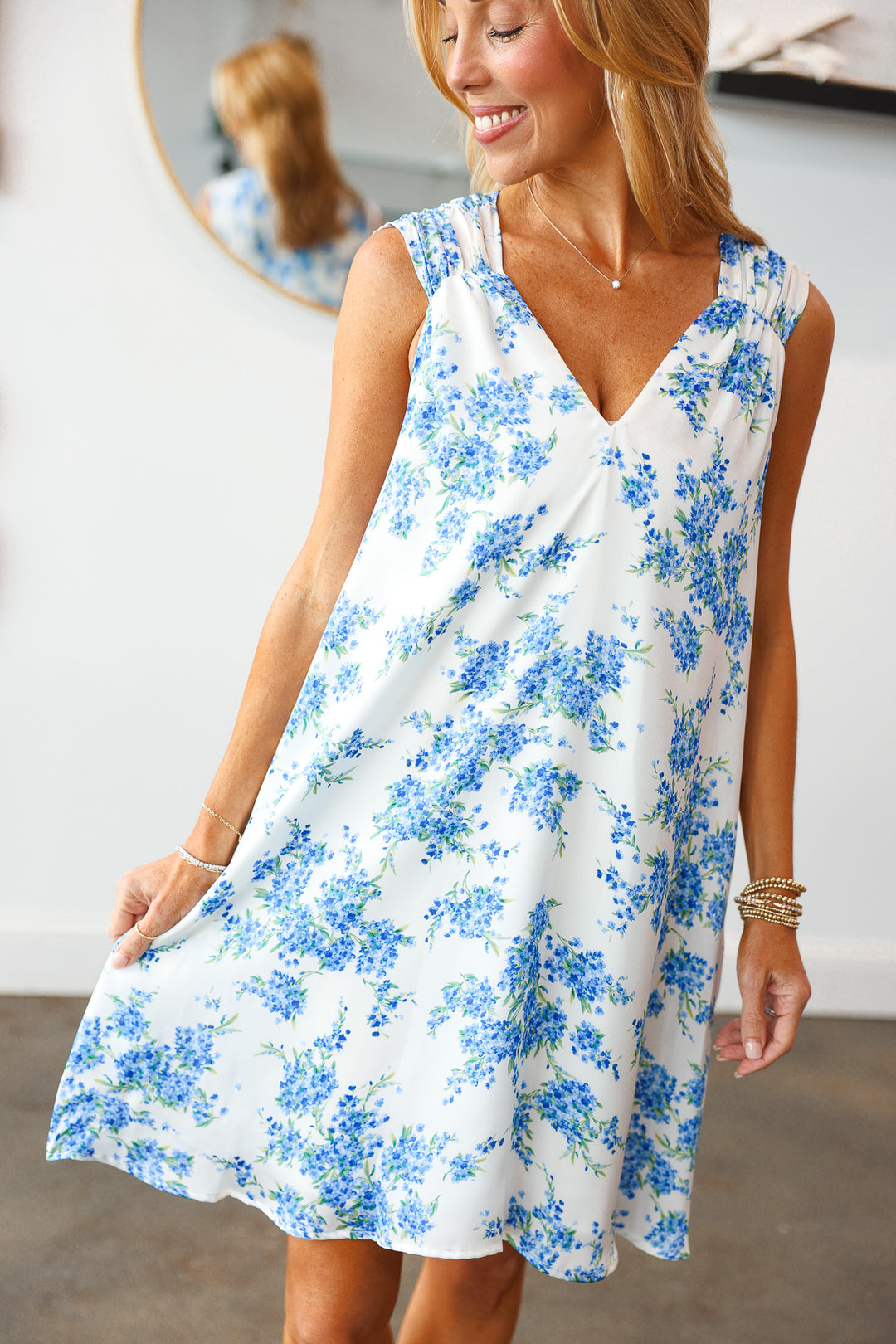 Scrunch Shoulder Chiffon Dress - Blue