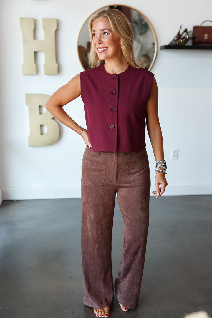 Faux Suede Wide Leg Pants - Brown