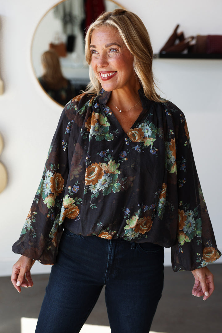Bubble Hem Floral Top - Chocolate