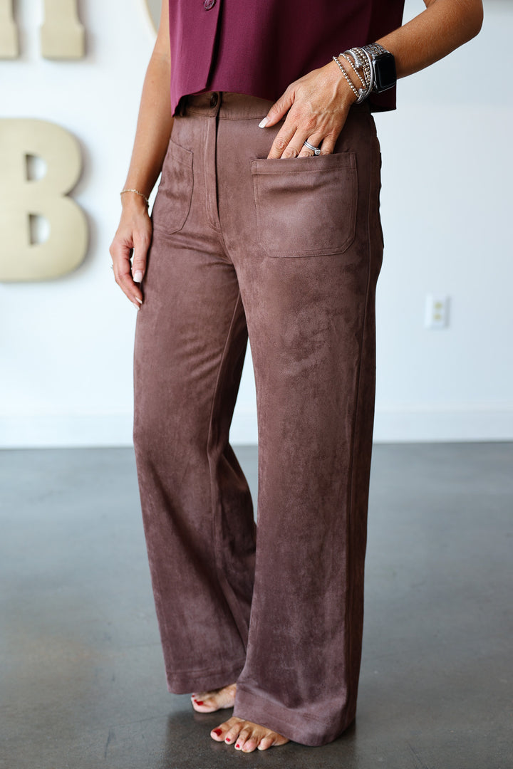 Faux Suede Wide Leg Pants - Brown