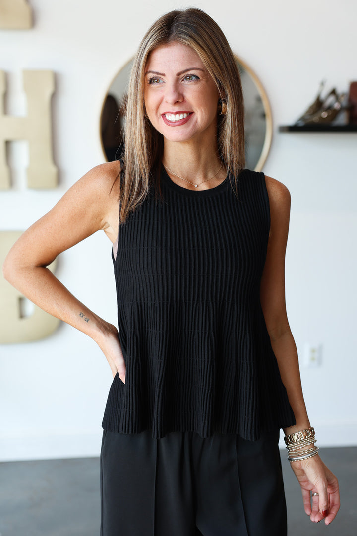Flared Ribbed Knit Tank - Black