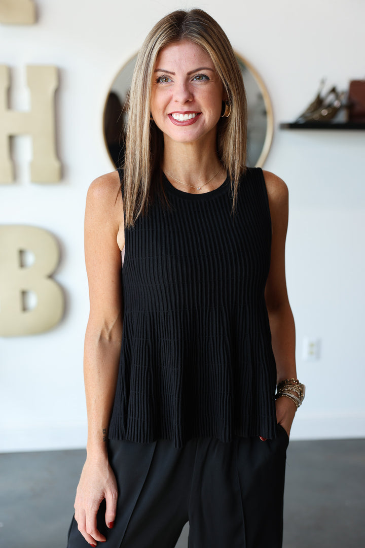 Flared Ribbed Knit Tank - Black