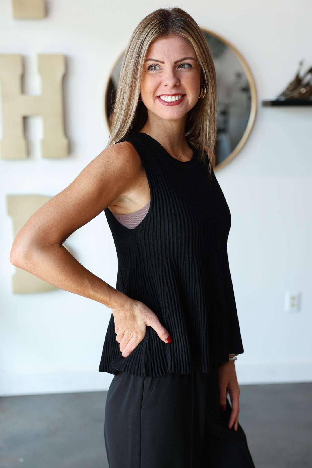 Flared Ribbed Knit Tank - Black