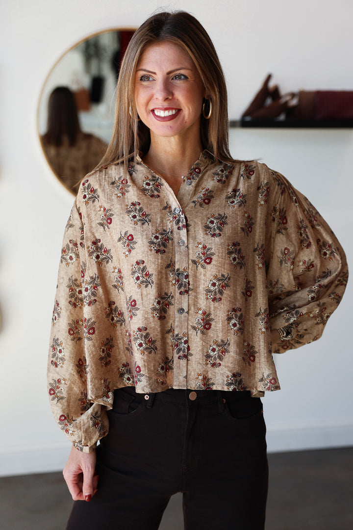 Floral Print Button Down Top - Taupe