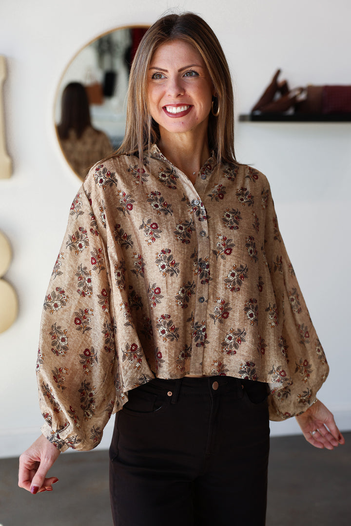 Floral Print Button Down Top - Taupe