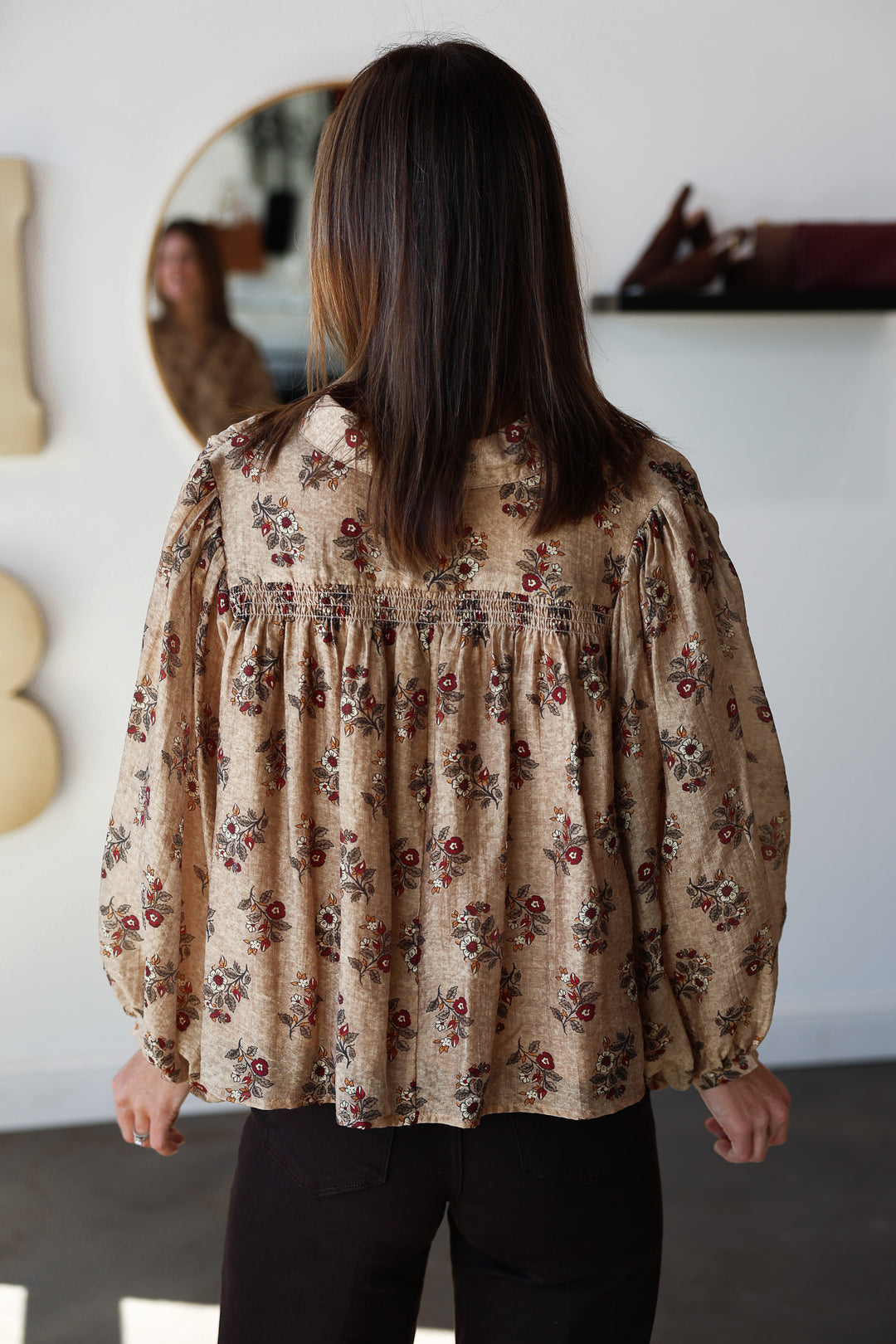 Floral Print Button Down Top - Taupe