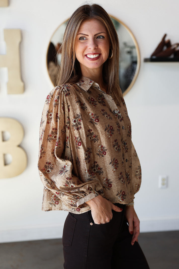 Floral Print Button Down Top - Taupe