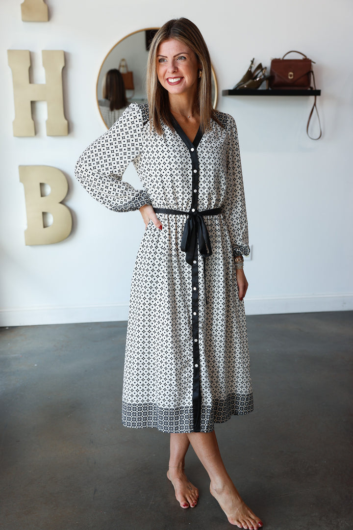 Button Front Geometric Dress - Cream/Black
