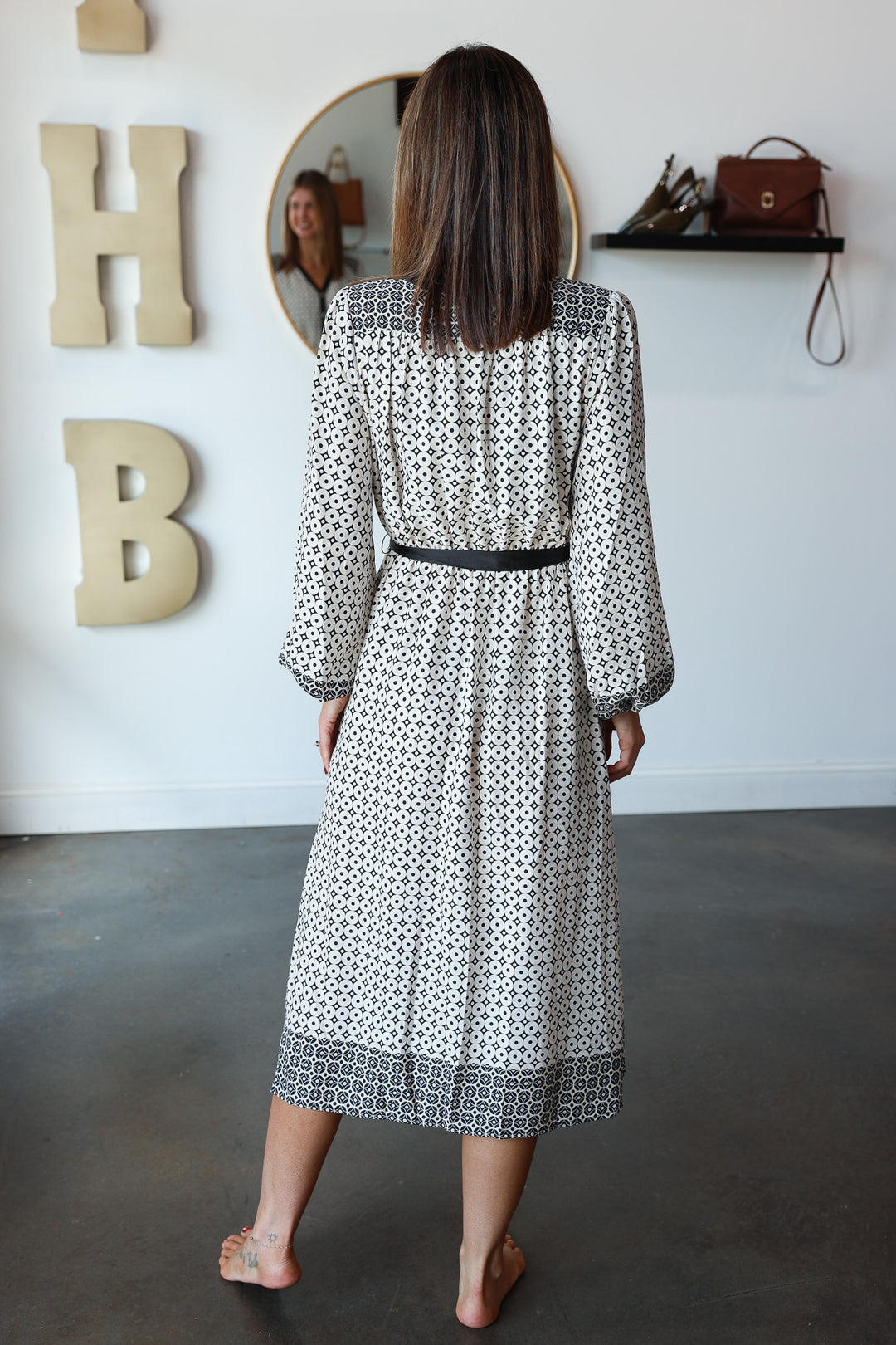 Button Front Geometric Dress - Cream/Black