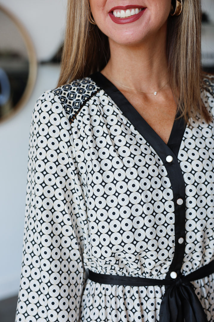 Button Front Geometric Dress - Cream/Black